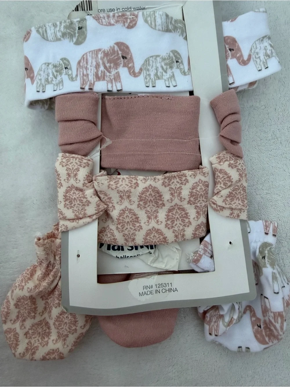 Marshalls Rose, Cream & Taupe Baby Headband and Mittens Set